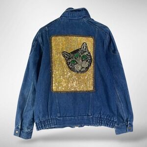 Trader Bay Vintage Denim Jacket Cat Sequin Embellished Unisex Large